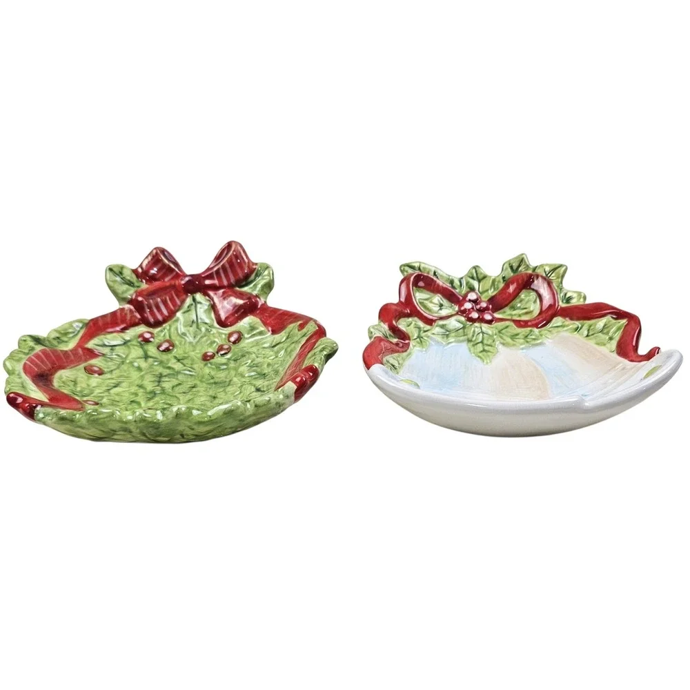 Sonoma Life Style Christmas Ceramic Candy Dish Set Holly Wreath & Bells 2pc